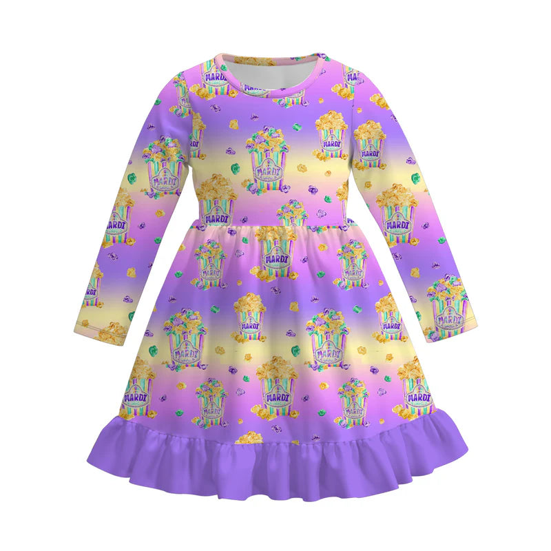 2026 Mardi Gras Print Cute Girls Long Sleeves Twirl Dress