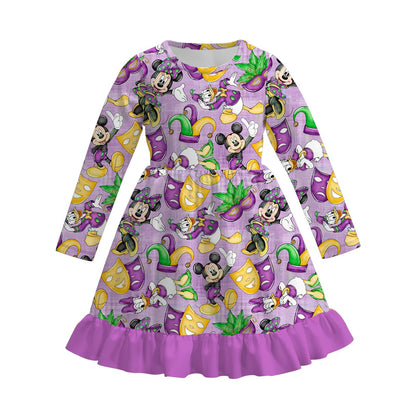2026 Mardi Gras Print Cute Girls Long Sleeves Twirl Dress