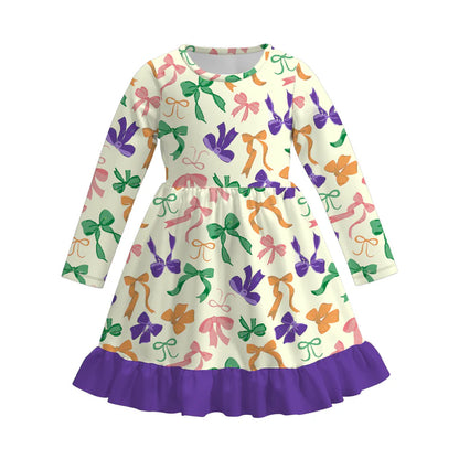 2026 Mardi Gras Print Cute Girls Long Sleeves Twirl Dress
