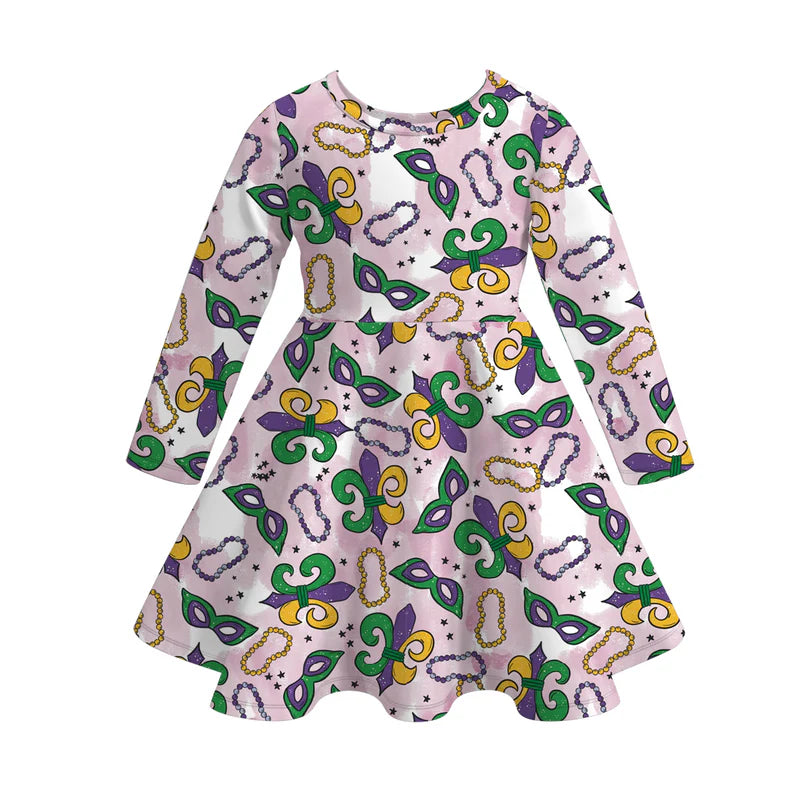 2026 Mardi Gras Print Long Sleeves Twirl Dress For Girls