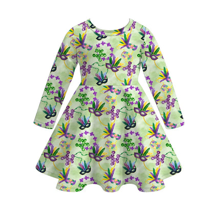 2026 Mardi Gras Print Long Sleeves Twirl Dress For Girls