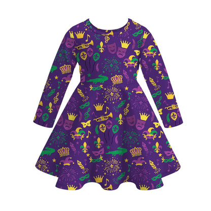 2026 Mardi Gras Print Long Sleeves Twirl Dress For Girls