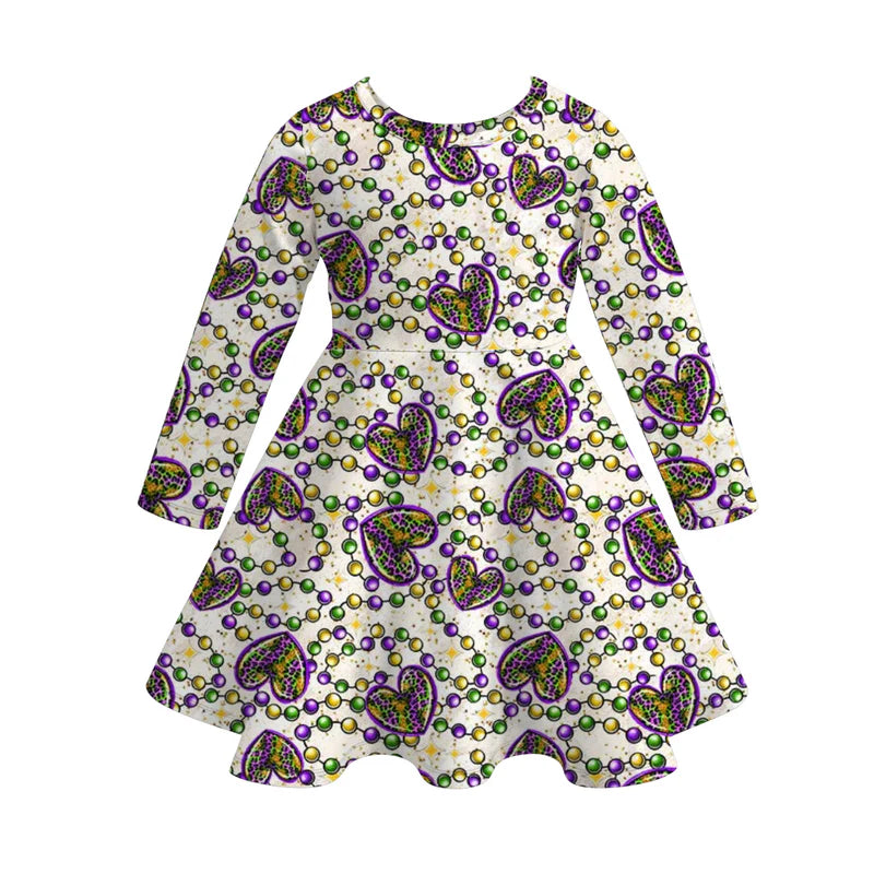 2026 Mardi Gras Print Long Sleeves Twirl Dress For Girls