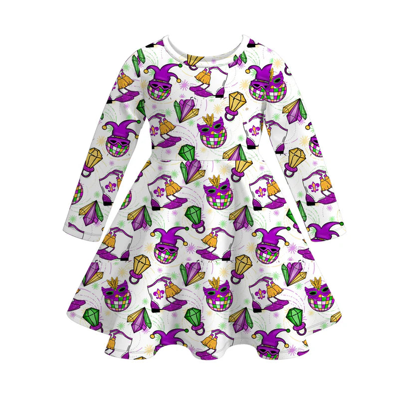 2026 Mardi Gras Print Long Sleeves Twirl Dress For Girls