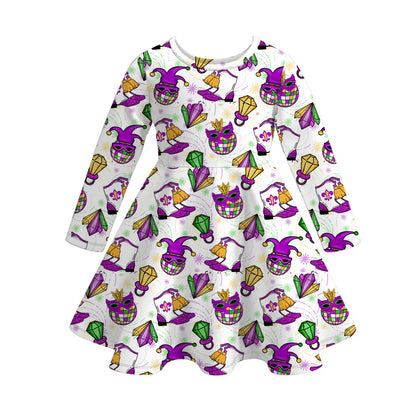 2026 Mardi Gras Print Long Sleeves Twirl Dress For Girls