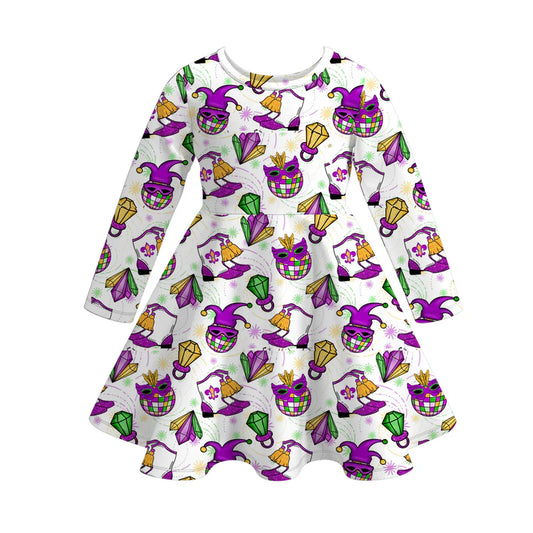 2026 Mardi Gras Print Long Sleeves Twirl Dress For Girls