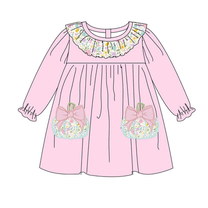 Girls Fall Halloween Pink Floral Pumpkin Embroidery Sibling Outfits