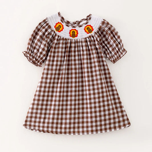 Girls Thanksgiving Day Turkey Embroidered Smock Plaid Dress