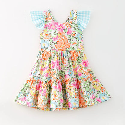Girls Summer Blue Plaid Bow Floral Print Ruffled Dress