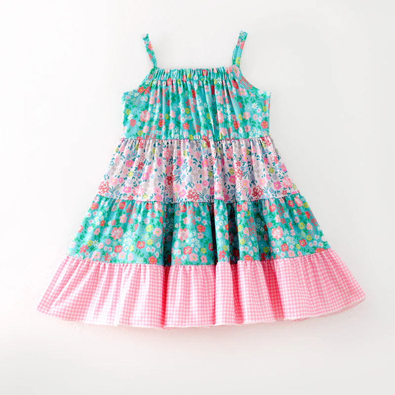 Girls Summer Blue Pink Floral Print Patchwork Dress