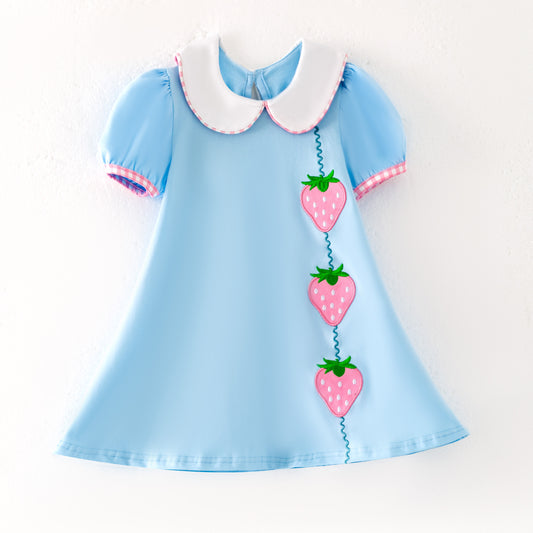 Girls Summer Strawberry Embroidery Blue Dress