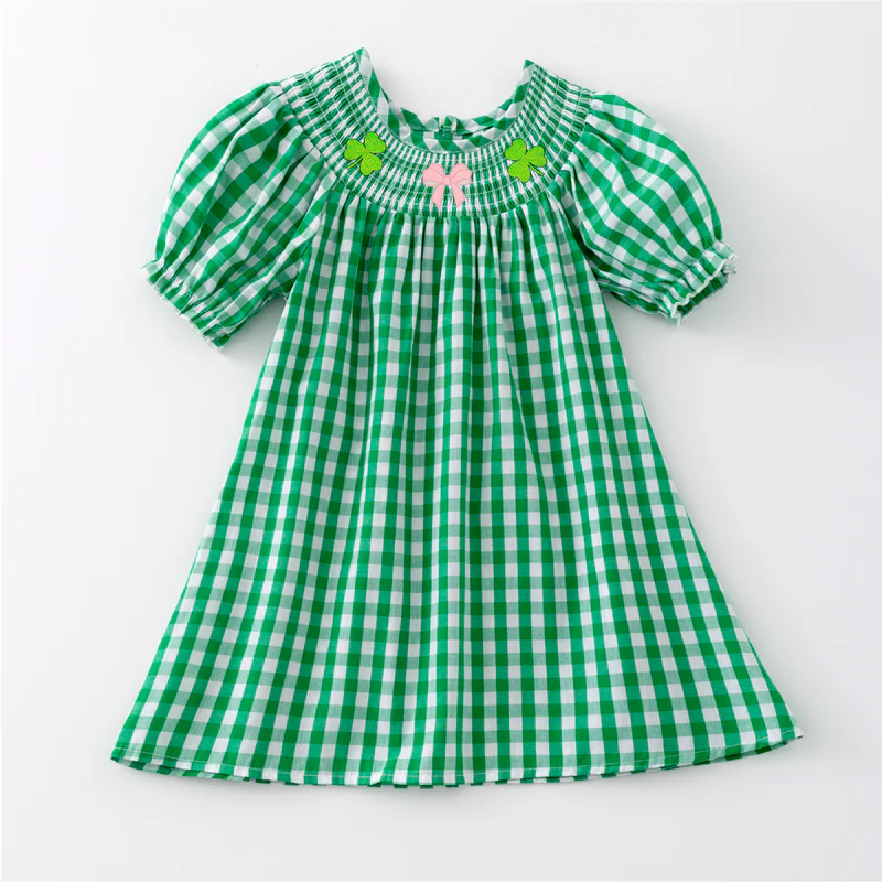 St.Patrick's Day Green Plaid Clover Smock Embroidery Collection