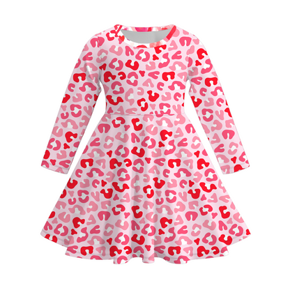 2026 Valentine's Day  Girls Long Sleeves Heart Twirl Dress