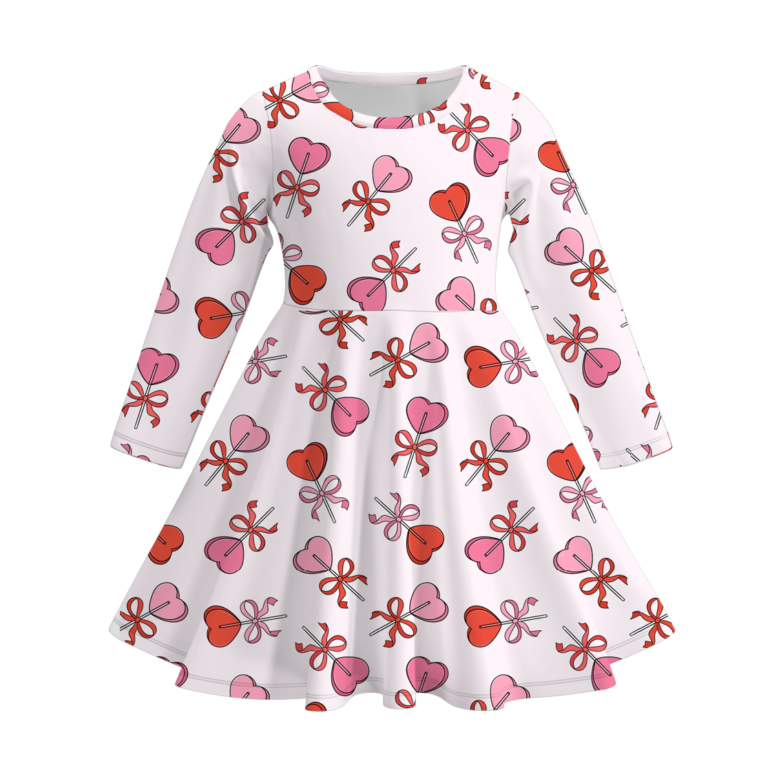 2026 Valentine's Day  Girls Long Sleeves Heart Twirl Dress