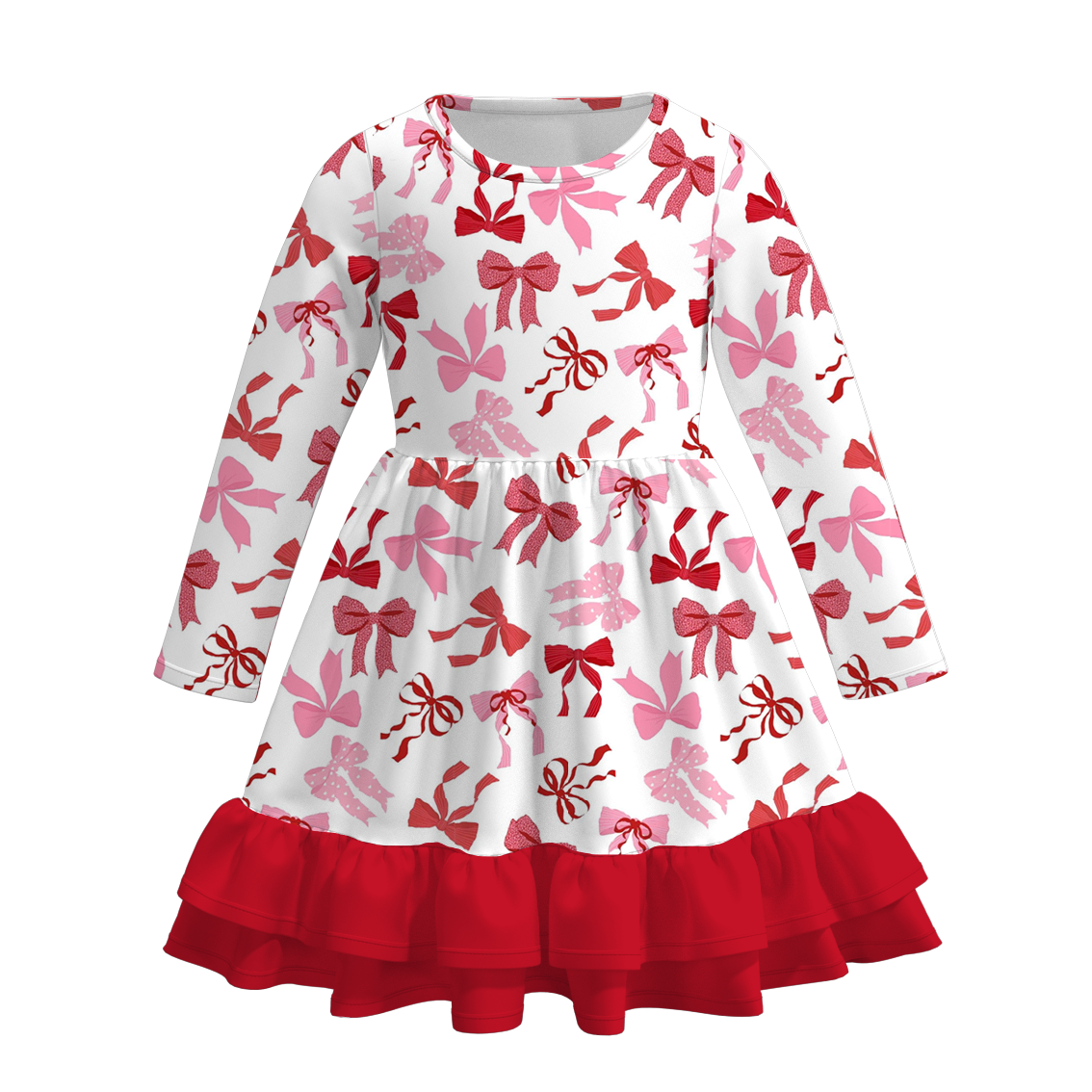 2026 Valentine's Day  Girls Long Sleeves Ruffled Heart Twirl Dress