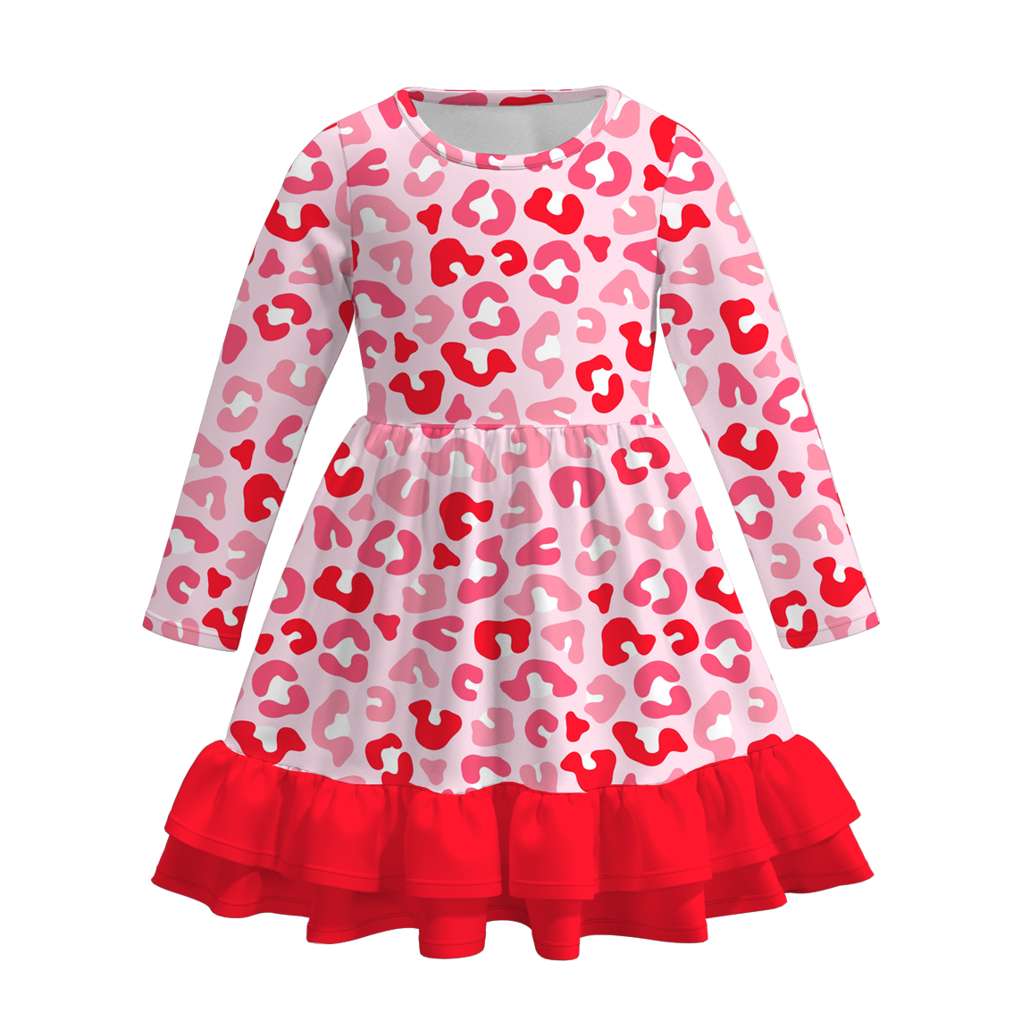 2026 Valentine's Day  Girls Long Sleeves Ruffled Heart Twirl Dress