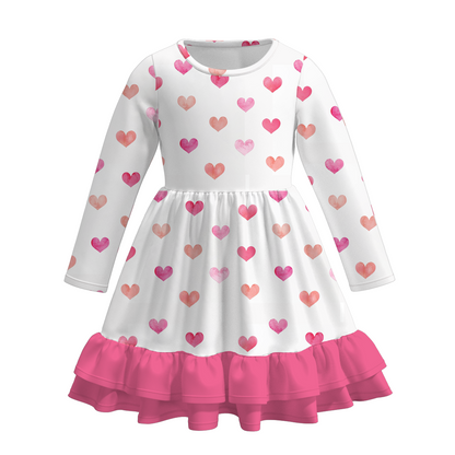 2026 Valentine's Day  Girls Long Sleeves Ruffled Heart Twirl Dress
