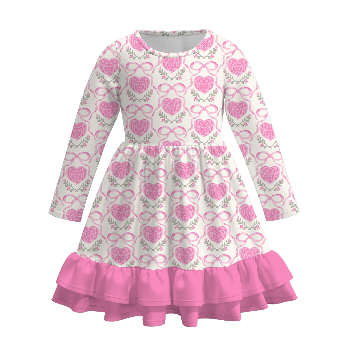 2026 Valentine's Day  Girls Long Sleeves Ruffled Heart Twirl Dress