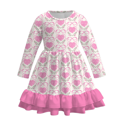 2026 Valentine's Day  Girls Long Sleeves Ruffled Heart Twirl Dress