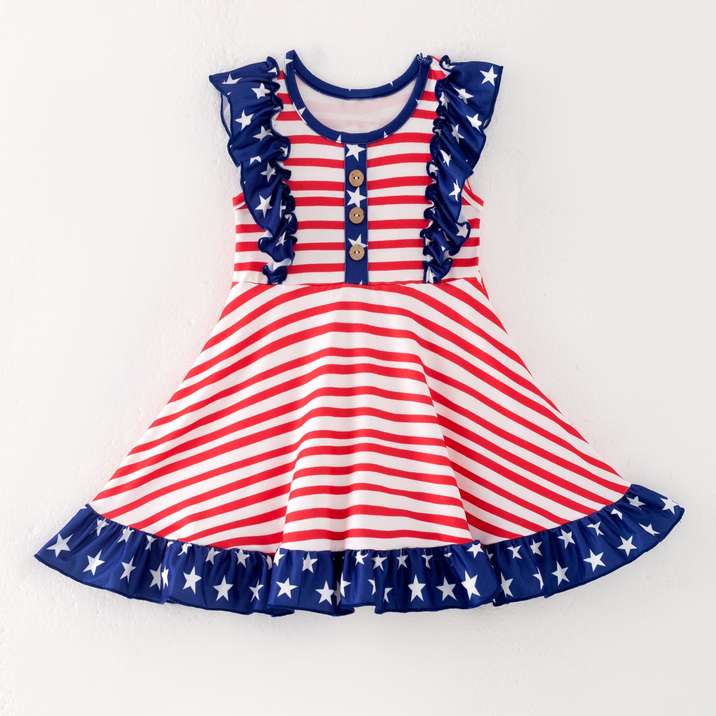 Girls July 4th Red Stripes Navy Star Ruffled Twirl Dress