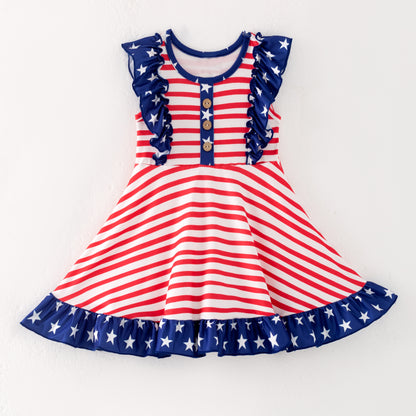 Girls July 4th Red Stripes Navy Star Ruffled Twirl Dress