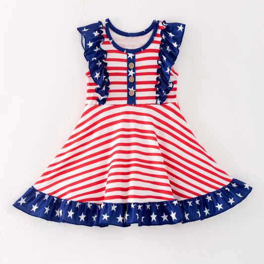 Girls July 4th Red Stripes Navy Star Ruffled Twirl Dress