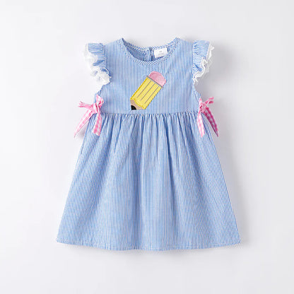 Girls Back To School Blue Stripes Pencil Applique Dress
