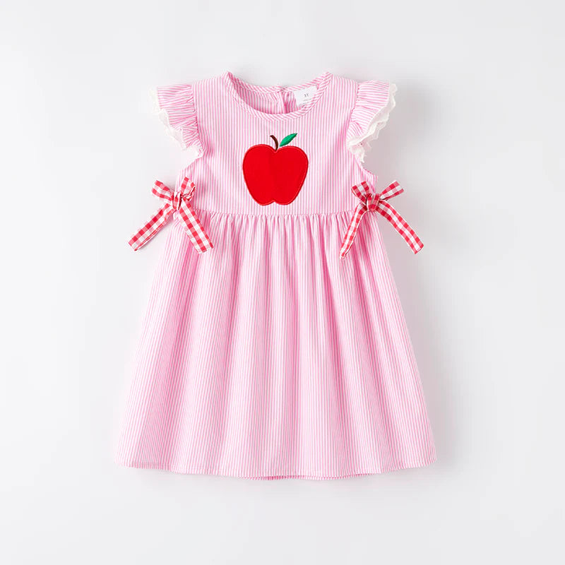Girls Back To School Pink Stripes Apple Applique Dress
