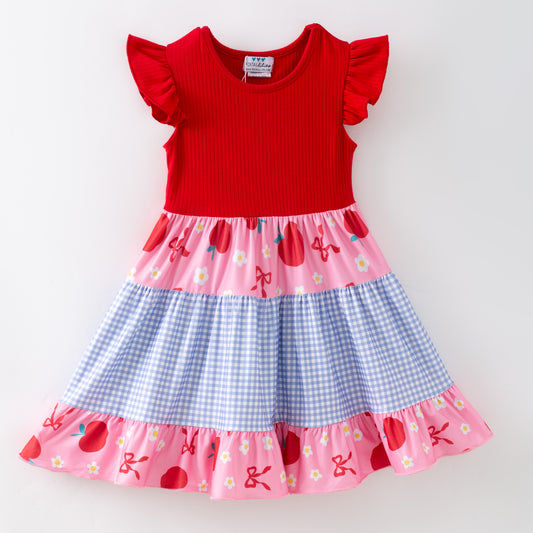 Girls Summer Red Blue Apple Back To School Dress