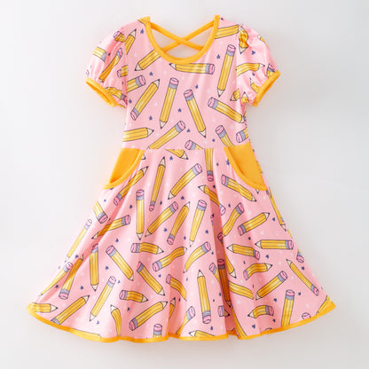 Girls Summer Back To School Pink Yellow Pencil Pocket Dress