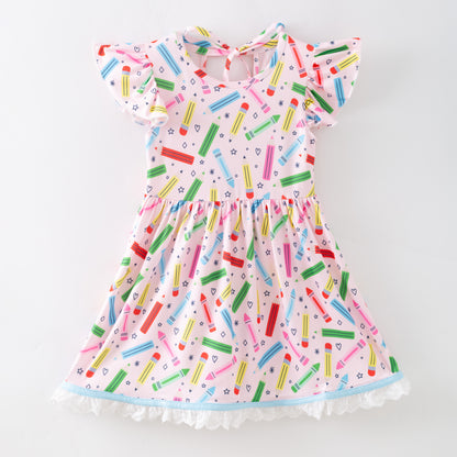 Girls Summer Colorful Crayon Back To School Lace Ruffled Dress