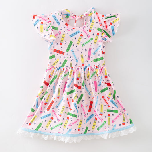 Girls Summer Colorful Crayon Back To School Lace Ruffled Dress