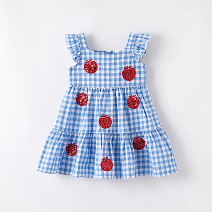 Girls Back To School Blue Plaid Sequins Apple Dress