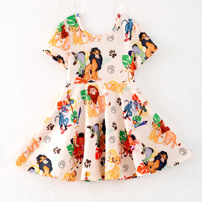 Girls Summer Cute Lion Cartoon Print Twirl Dress