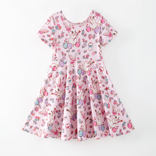 Girls Easter Bunny Colorful Eggs Print Twirl Dress