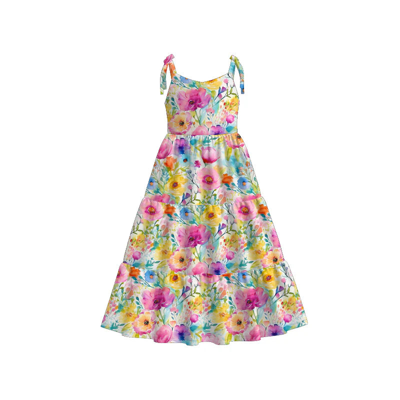 Girls Summer Yellow Pink Floral Milk Silk Soft Dress