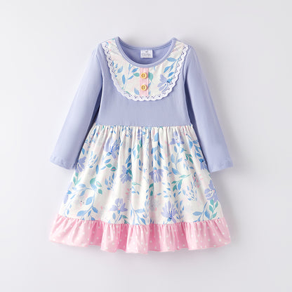 Girls Fall Autumn Pink Lavender Leaves Long Sleeves Dress