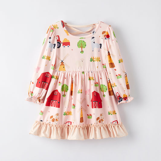 Girls Fall Autumn Farm Print Long Sleeves Dress