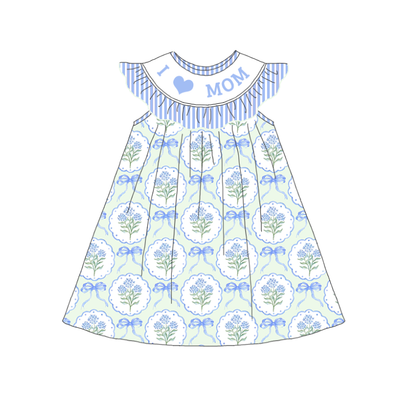 Spring Blue Floral I LOVE MAMA Smock Embroidery Girls Dress & Romper