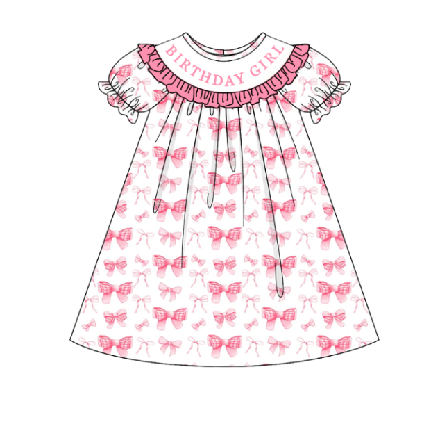 Spring Pink Bow BIRTHDAY GIRL Smock Embroidery Girls Dress & Romper