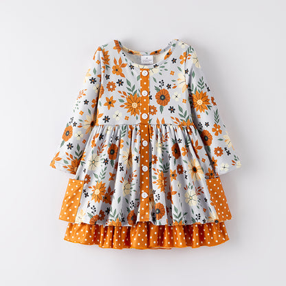Girls Fall Autumn Brown Flower Ruffled Long Sleeves Dress