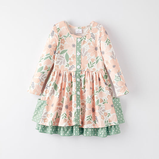 Girls Fall Autumn Leave Print  Ruffled Long Sleeves Dress