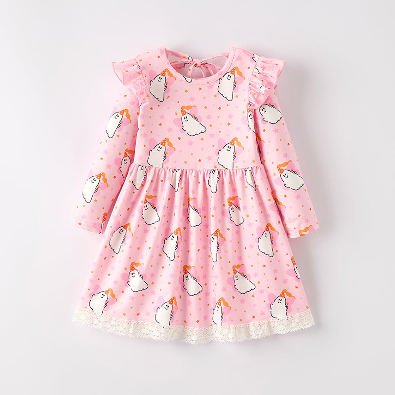 Girls Halloween Ghost Pink Lace Long Sleeves Dress