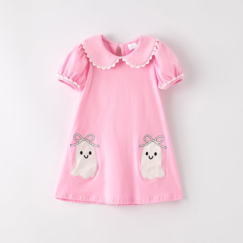 Girls Halloween Pink Ghost Applique Bow Embroidery Dress