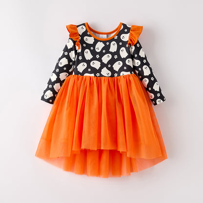 Girls Halloween Black Ghost Orange Tulle Dress