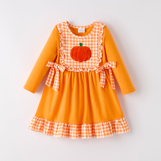 Girls Halloween Pumpkin Chenille Patches Orange Long Sleeves Dress