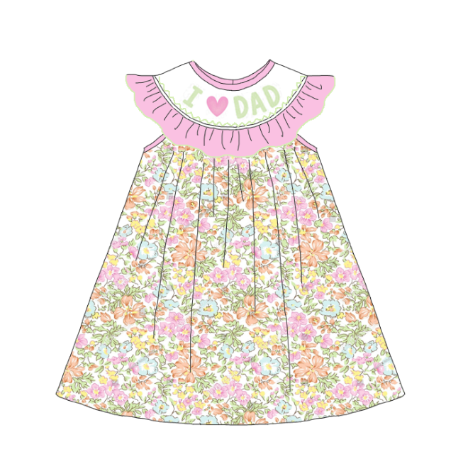 Girls Summer "I LOVE DAD" Floral Embroidered Smocking Dress