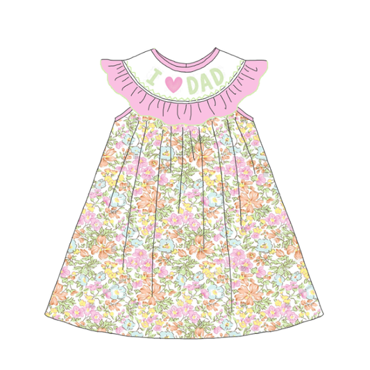 Girls Summer "I LOVE DAD" Floral Embroidered Smocking Dress