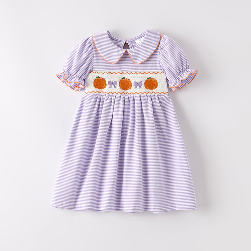Girls Halloween Pumpkin Embroidery Lavender Stripes Dress