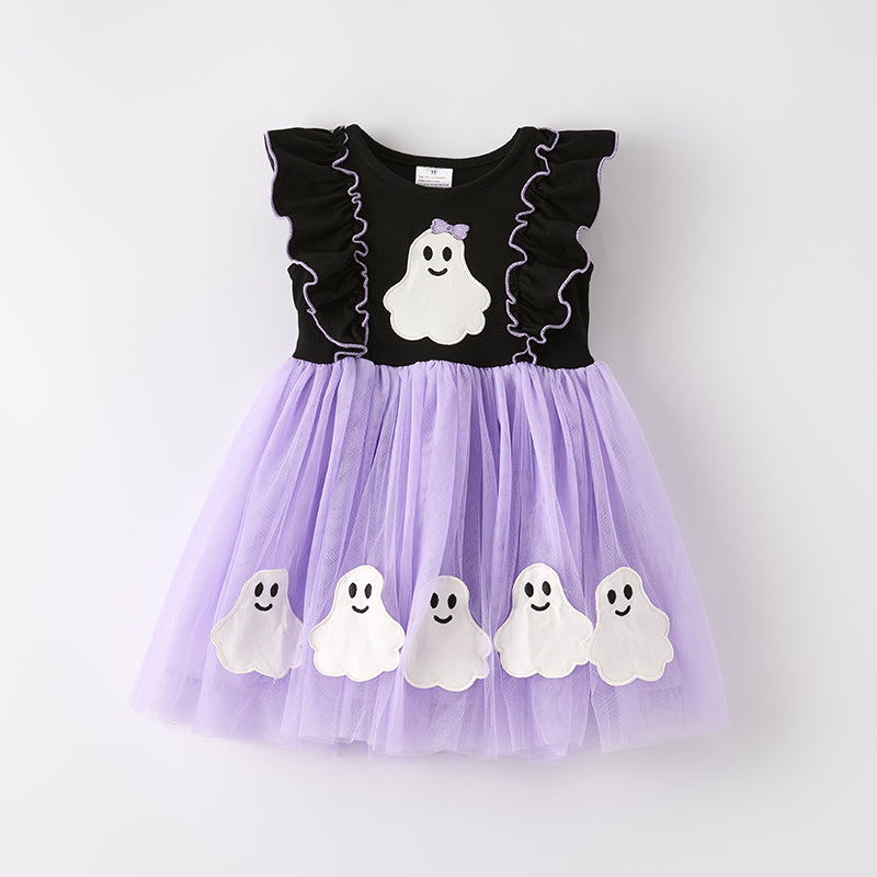 Girls Halloween Black Purple Ghost Applique Tulle Dress